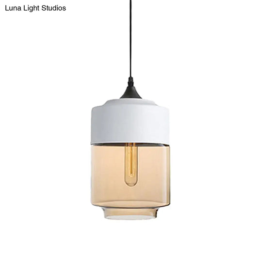 Modern 1-Light Glass Suspension Pendant In White/Black - 5/7/8 Wide Drum/Cylinder/Jar Clear/Yellow