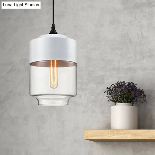 Modern 1-Light Drum/Cylinder/Jar Suspension Pendant – Clear/Yellow Glass White/Black Fixture