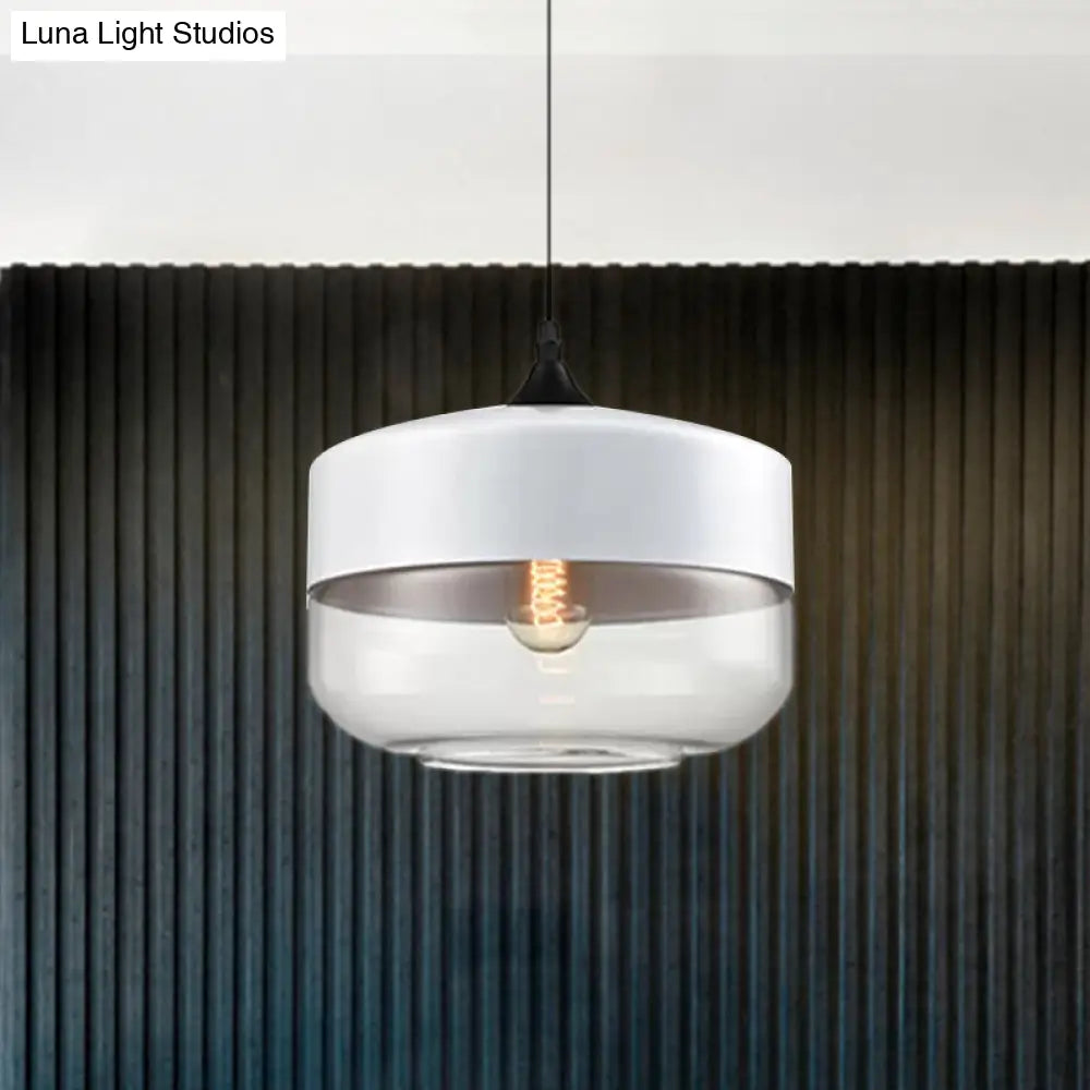 Modern 1-Light Drum/Cylinder/Jar Suspension Pendant – Clear/Yellow Glass White/Black Fixture