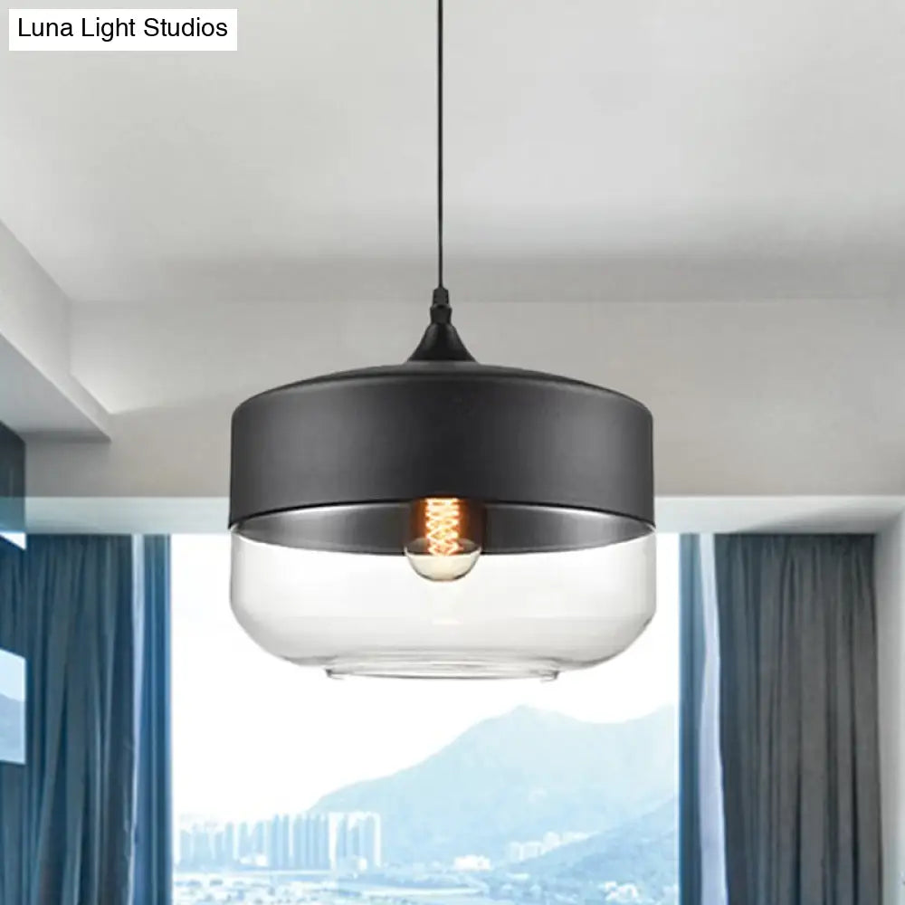 Modern 1-Light Drum/Cylinder/Jar Suspension Pendant – Clear/Yellow Glass White/Black Fixture