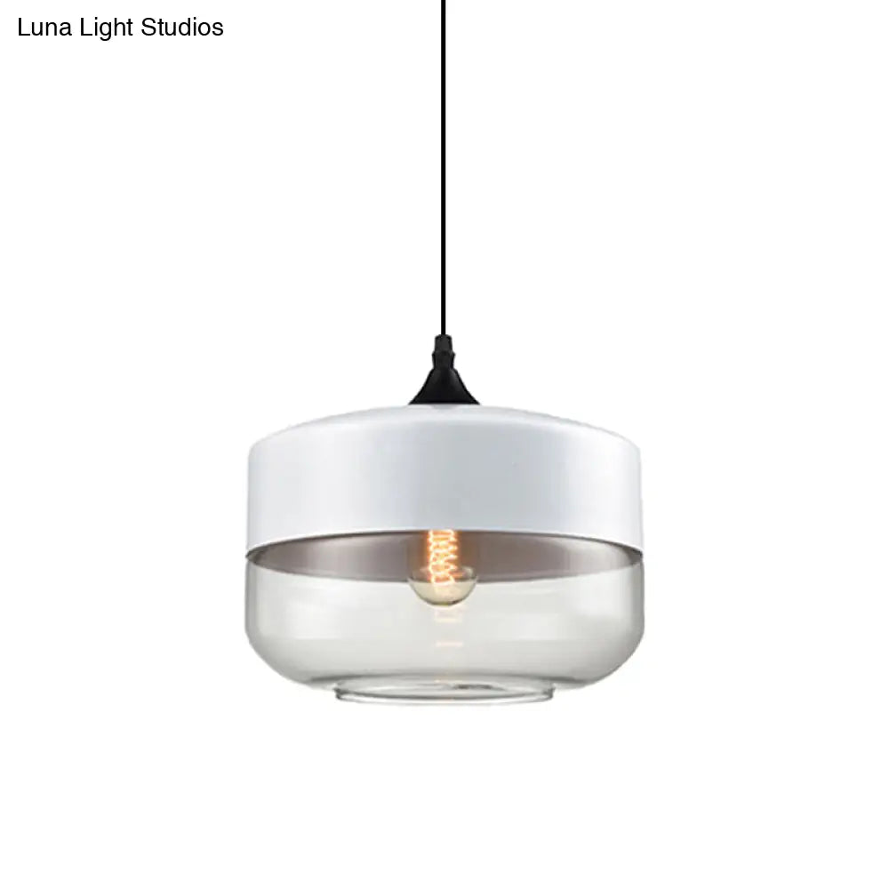 Modern 1-Light Glass Suspension Pendant In White/Black - 5/7/8 Wide Drum/Cylinder/Jar Clear/Yellow