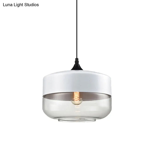 Modern 1-Light Glass Suspension Pendant In White/Black - 5/7/8 Wide Drum/Cylinder/Jar Clear/Yellow