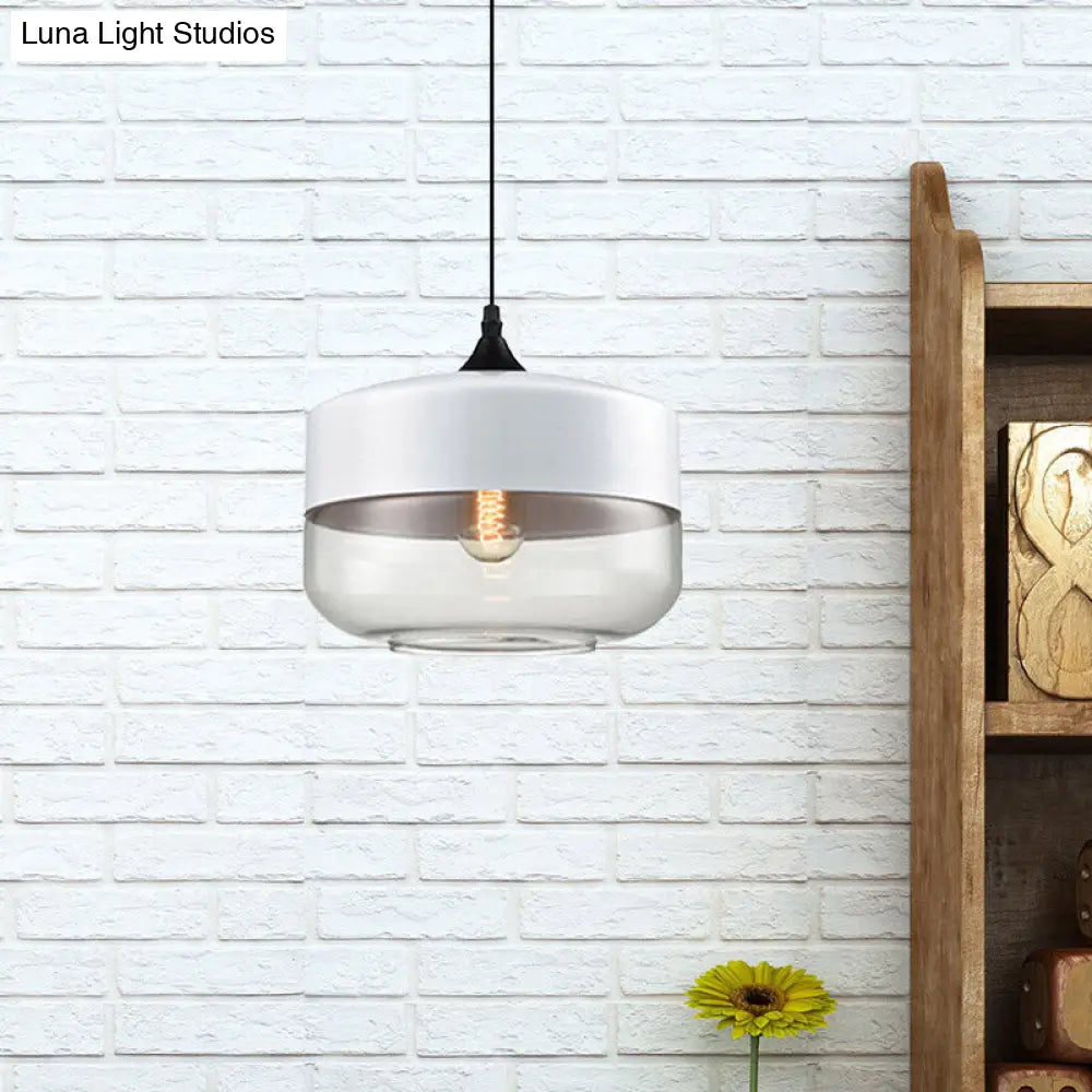 Modern 1-Light Glass Suspension Pendant In White/Black - 5/7/8 Wide Drum/Cylinder/Jar Clear/Yellow