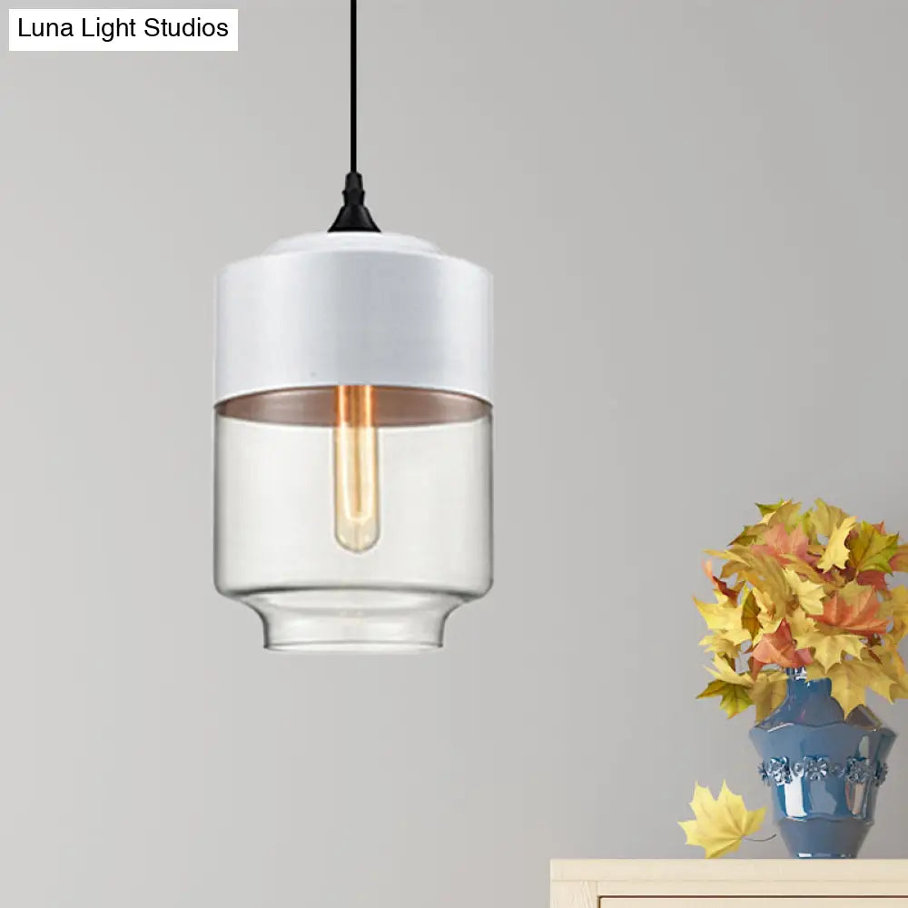 Modern 1-Light Glass Suspension Pendant In White/Black - 5/7/8 Wide Drum/Cylinder/Jar Clear/Yellow