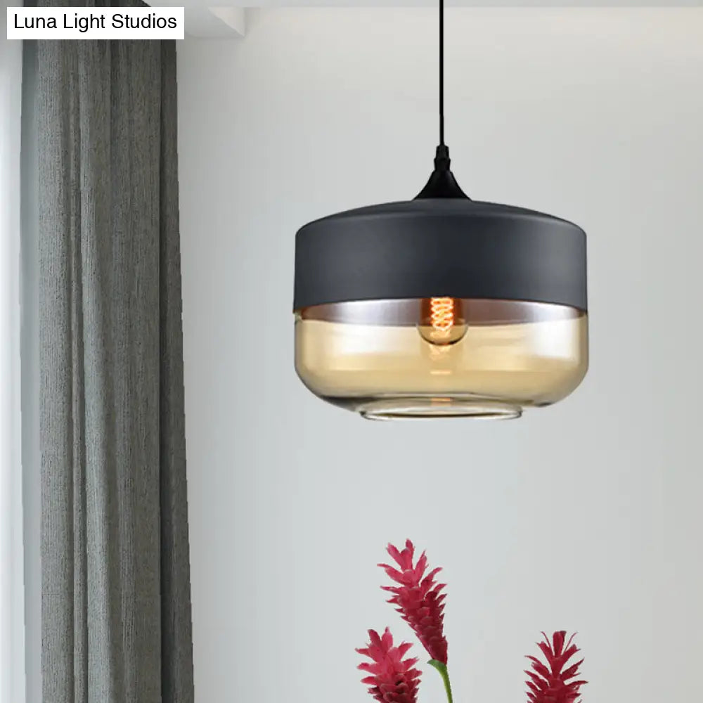 Modern 1-Light Glass Suspension Pendant In White/Black - 5/7/8 Wide Drum/Cylinder/Jar Clear/Yellow