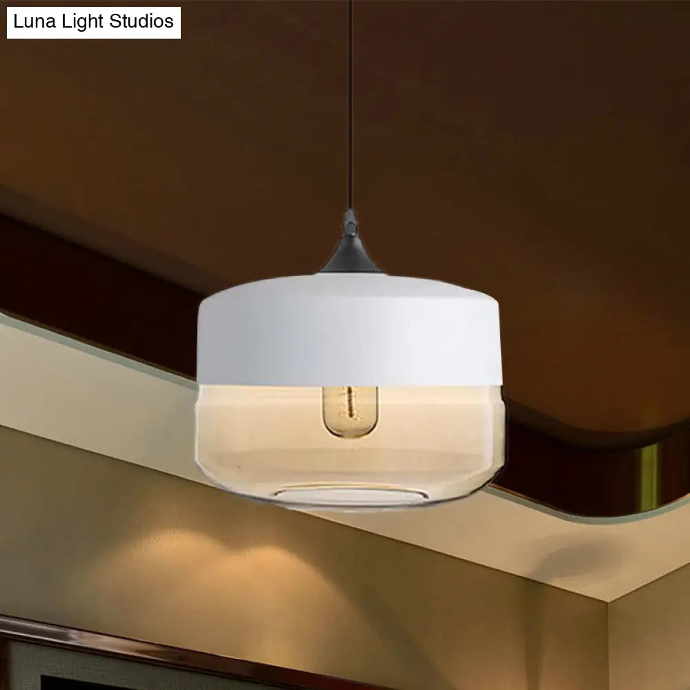 Modern 1-Light Glass Suspension Pendant In White/Black - 5/7/8 Wide Drum/Cylinder/Jar Clear/Yellow