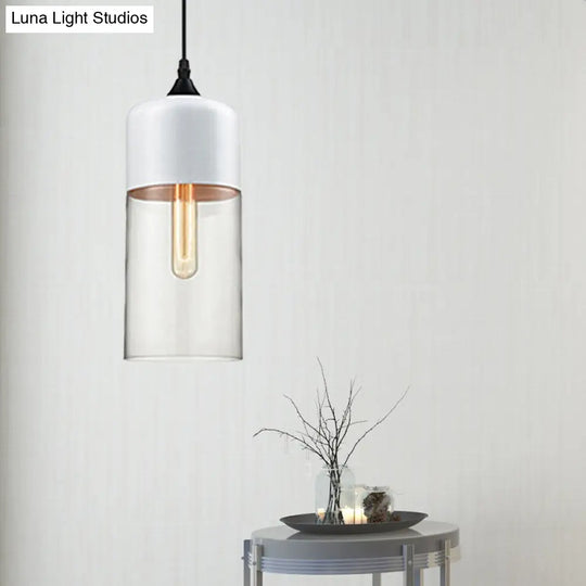 Modern 1-Light Glass Suspension Pendant In White/Black - 5/7/8 Wide Drum/Cylinder/Jar Clear/Yellow