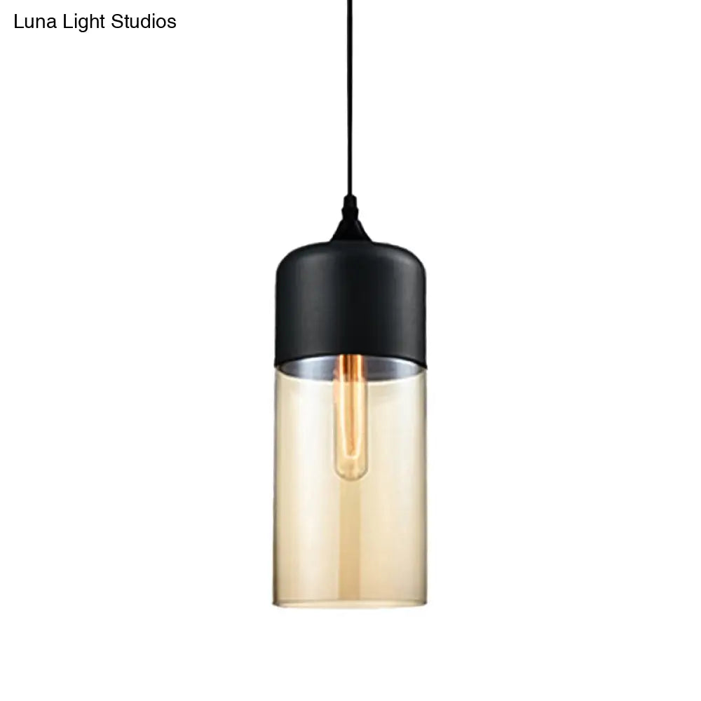 Modern 1-Light Drum/Cylinder/Jar Suspension Pendant – Clear/Yellow Glass White/Black Fixture