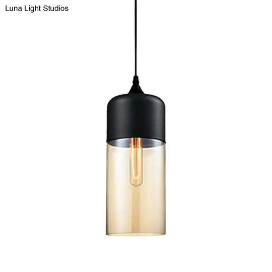 Modern 1-Light Drum/Cylinder/Jar Suspension Pendant – Clear/Yellow Glass White/Black Fixture