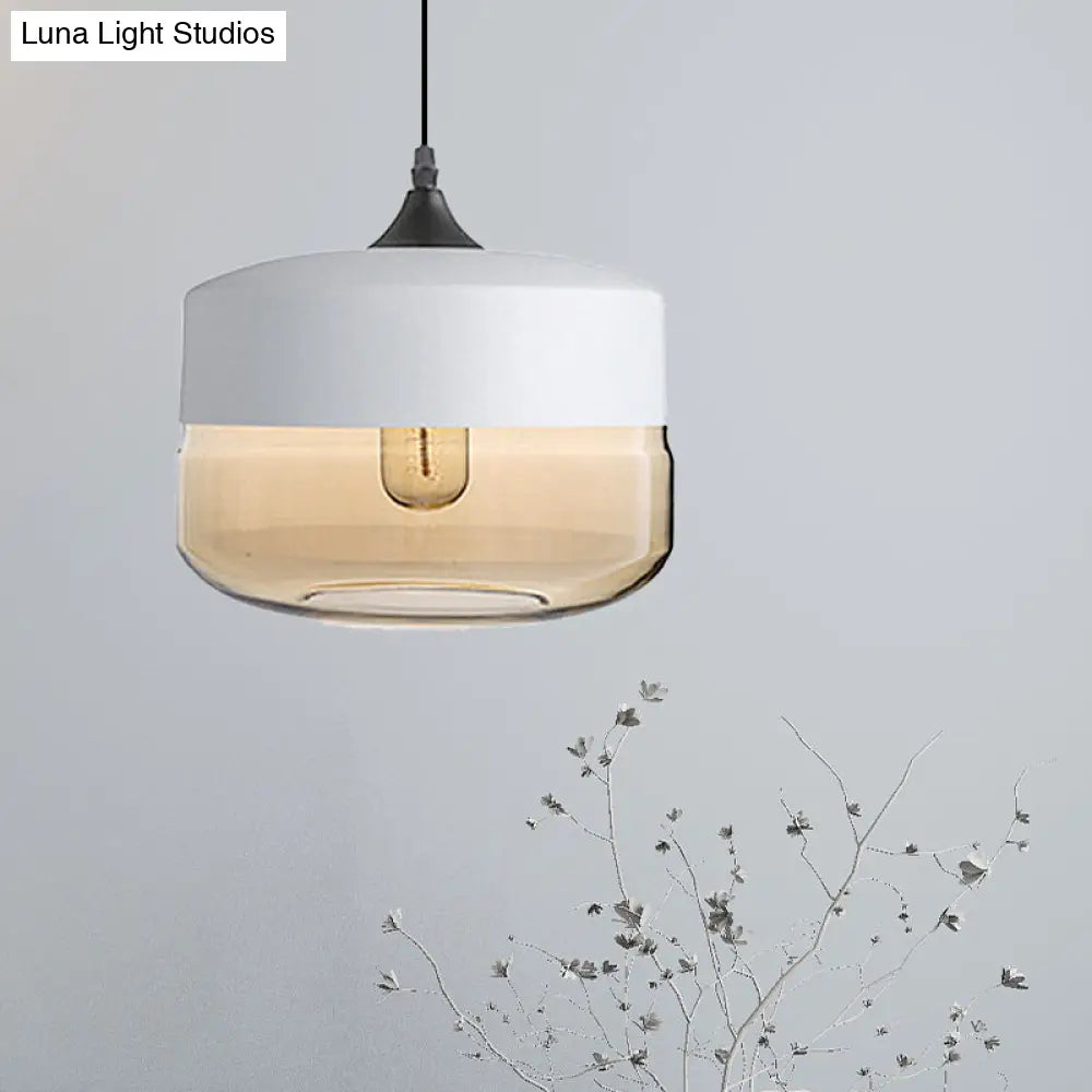 Modern 1-Light Glass Suspension Pendant In White/Black - 5/7/8 Wide Drum/Cylinder/Jar Clear/Yellow