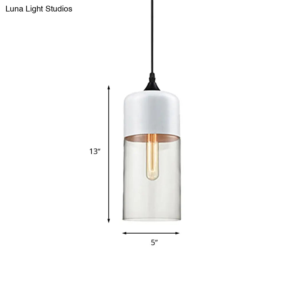 Modern 1-Light Glass Suspension Pendant In White/Black - 5/7/8 Wide Drum/Cylinder/Jar Clear/Yellow