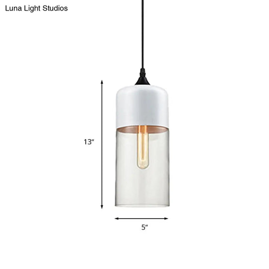 Modern 1-Light Glass Suspension Pendant In White/Black - 5/7/8 Wide Drum/Cylinder/Jar Clear/Yellow