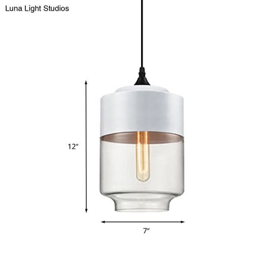 Modern 1-Light Glass Suspension Pendant In White/Black - 5/7/8 Wide Drum/Cylinder/Jar Clear/Yellow