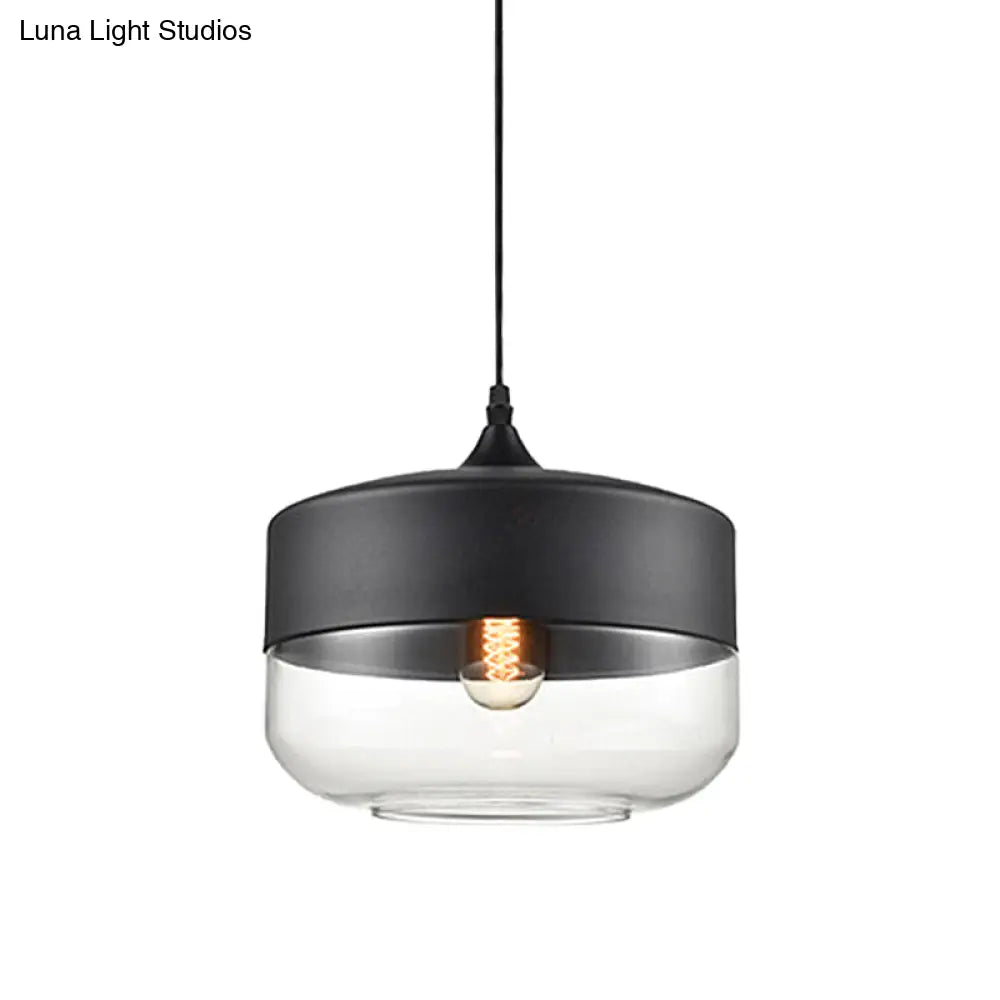 Modern 1-Light Glass Suspension Pendant In White/Black - 5/7/8 Wide Drum/Cylinder/Jar Clear/Yellow