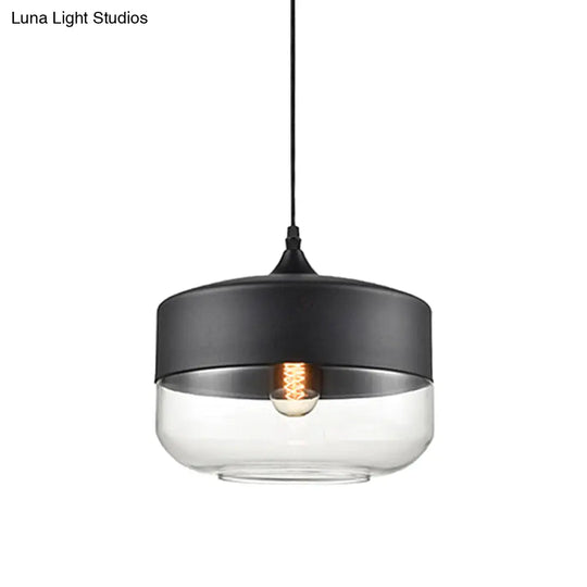 Modern 1-Light Glass Suspension Pendant In White/Black - 5/7/8 Wide Drum/Cylinder/Jar Clear/Yellow