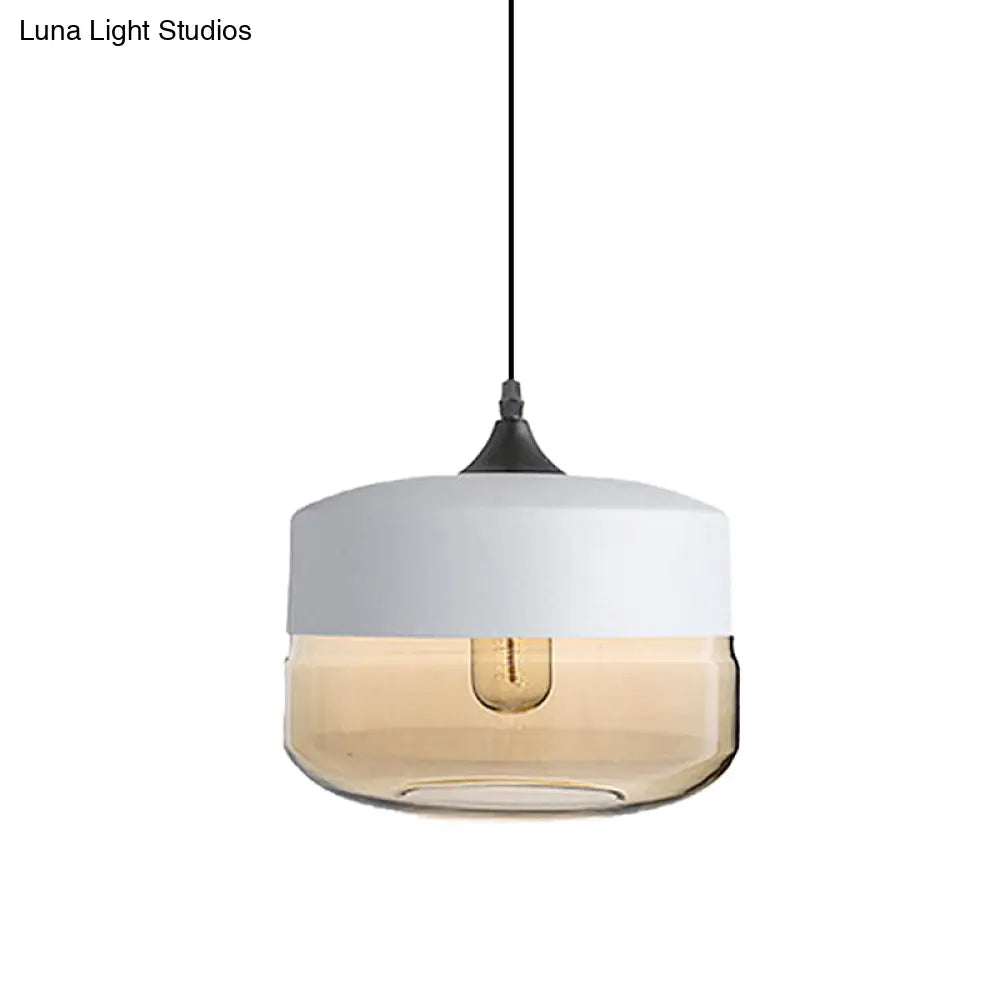 Modern 1-Light Drum/Cylinder/Jar Suspension Pendant – Clear/Yellow Glass White/Black Fixture