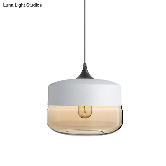 Modern 1-Light Drum/Cylinder/Jar Suspension Pendant – Clear/Yellow Glass White/Black Fixture