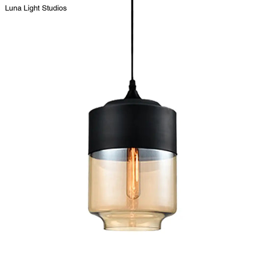 Modern 1-Light Glass Suspension Pendant In White/Black - 5/7/8 Wide Drum/Cylinder/Jar Clear/Yellow