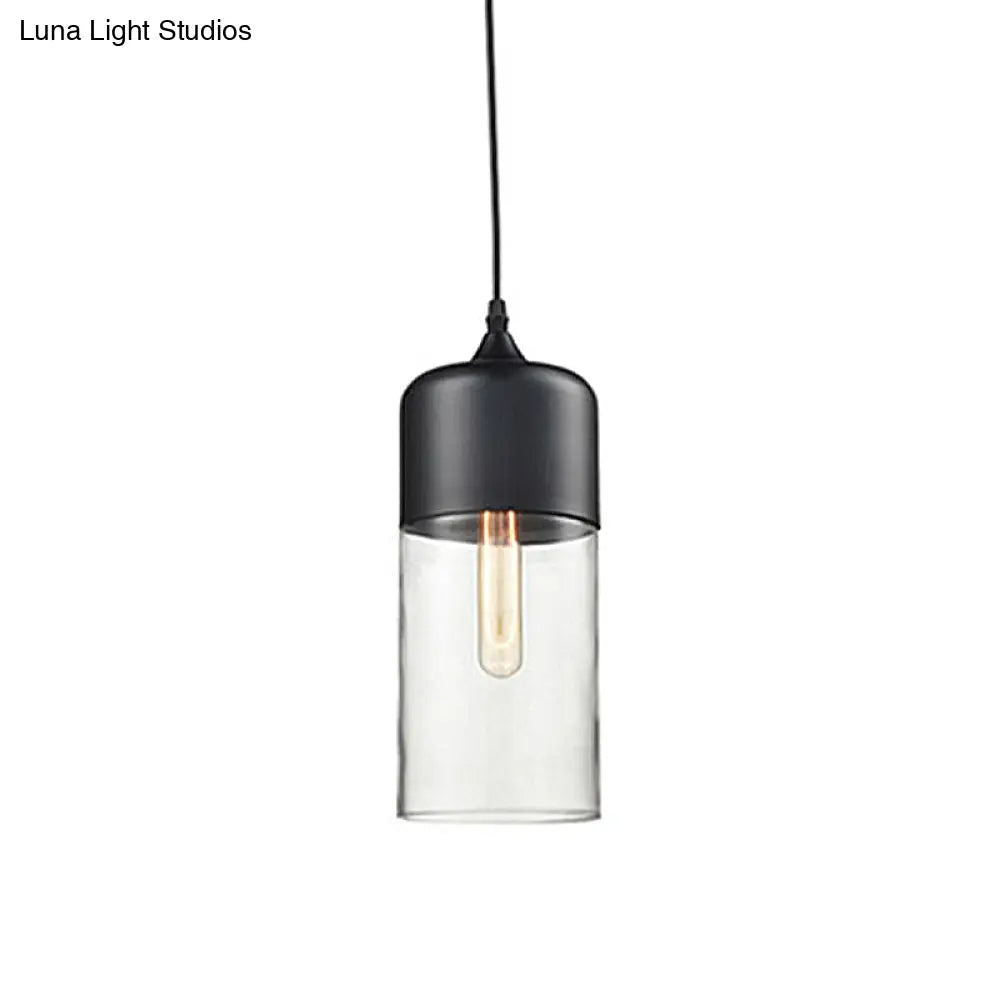 Modern 1-Light Glass Suspension Pendant In White/Black - 5/7/8 Wide Drum/Cylinder/Jar Clear/Yellow