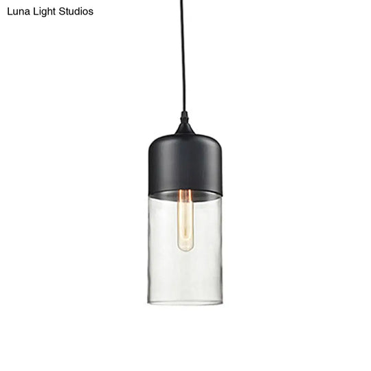 Modern 1-Light Glass Suspension Pendant In White/Black - 5/7/8 Wide Drum/Cylinder/Jar Clear/Yellow