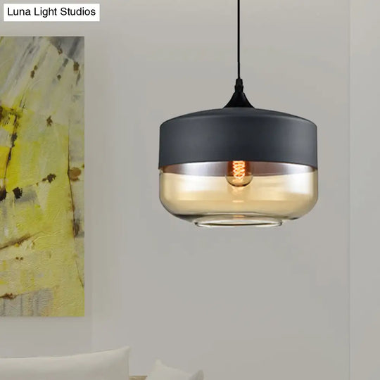 Modern 1-Light Glass Suspension Pendant In White/Black - 5/7/8 Wide Drum/Cylinder/Jar Clear/Yellow