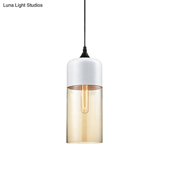 Modern 1-Light Glass Suspension Pendant In White/Black - 5/7/8 Wide Drum/Cylinder/Jar Clear/Yellow