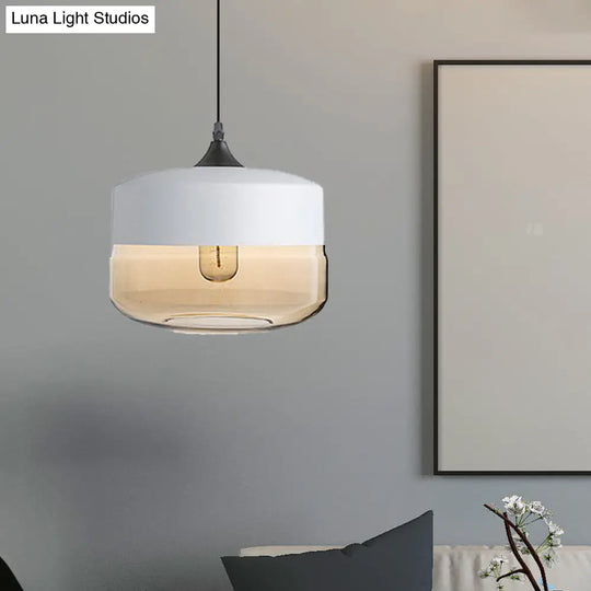 Modern 1-Light Drum/Cylinder/Jar Suspension Pendant – Clear/Yellow Glass White/Black Fixture