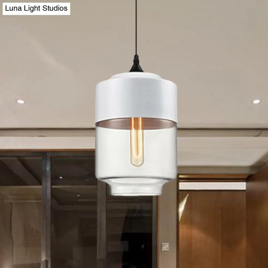 Modern 1-Light Glass Suspension Pendant In White/Black - 5/7/8 Wide Drum/Cylinder/Jar Clear/Yellow