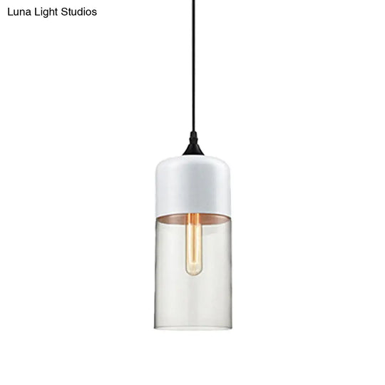 Modern 1-Light Glass Suspension Pendant In White/Black - 5/7/8 Wide Drum/Cylinder/Jar Clear/Yellow