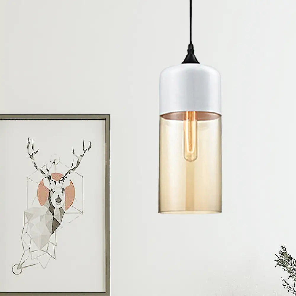 Modern 1-Light Drum/Cylinder/Jar Suspension Pendant – Clear/Yellow Glass White/Black Fixture