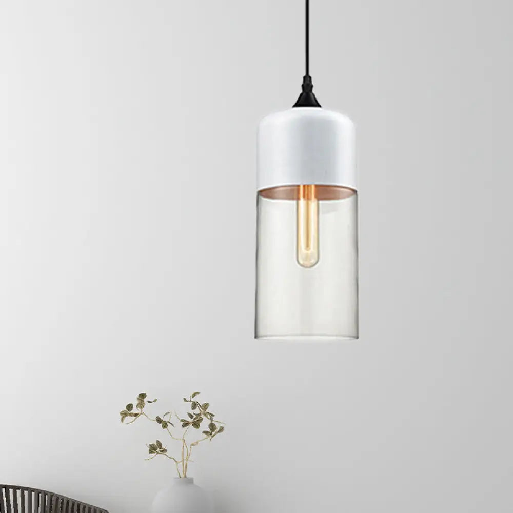 Modern 1-Light Drum/Cylinder/Jar Suspension Pendant – Clear/Yellow Glass White/Black Fixture