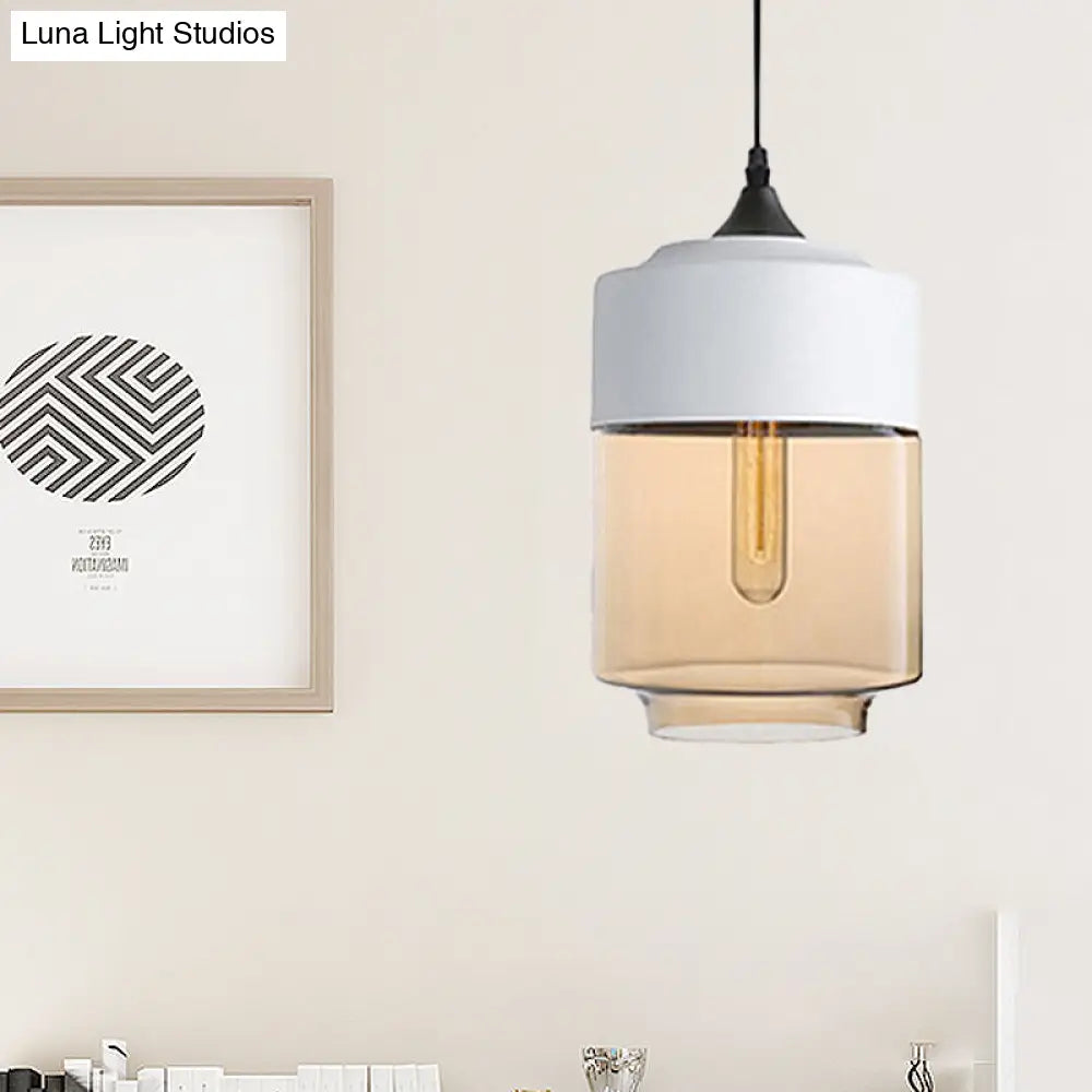 Modern 1-Light Glass Suspension Pendant In White/Black - 5/7/8 Wide Drum/Cylinder/Jar Clear/Yellow