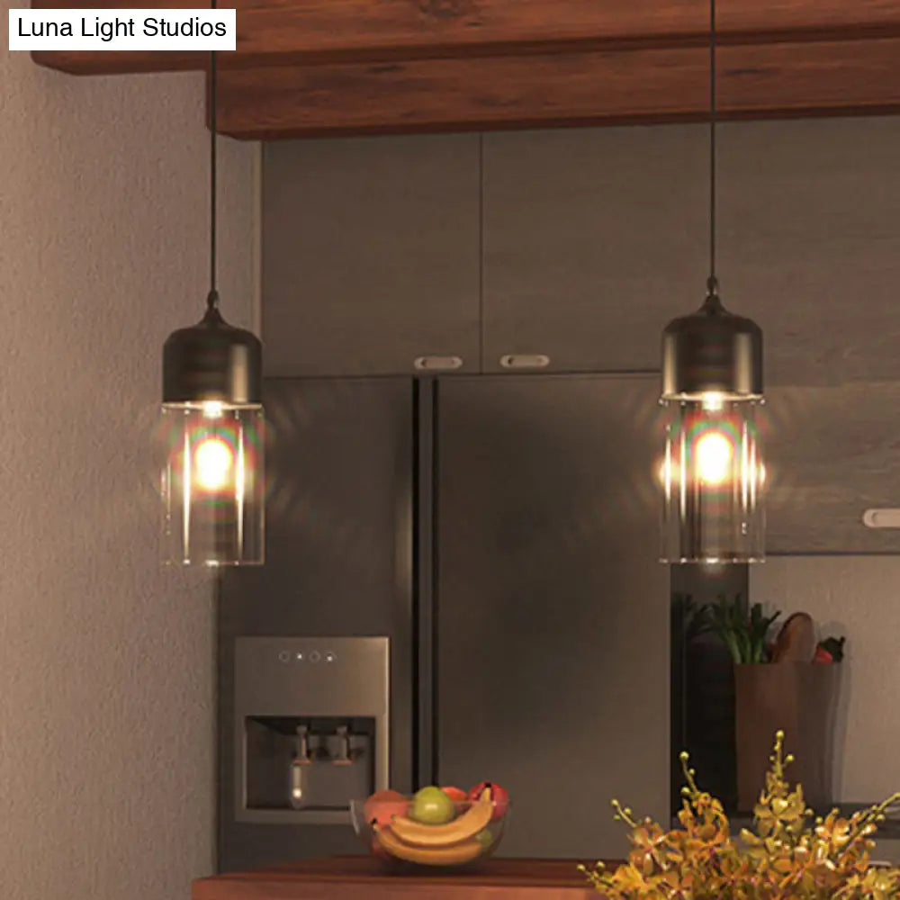 Modern 1-Light Glass Suspension Pendant In White/Black - 5/7/8 Wide Drum/Cylinder/Jar Clear/Yellow