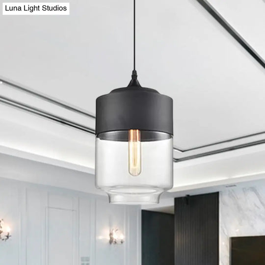 Modern 1-Light Glass Suspension Pendant In White/Black - 5/7/8 Wide Drum/Cylinder/Jar Clear/Yellow