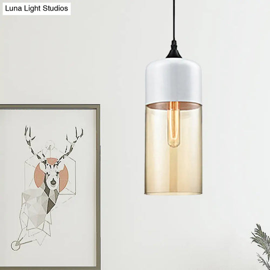 Modern 1-Light Glass Suspension Pendant In White/Black - 5/7/8 Wide Drum/Cylinder/Jar Clear/Yellow