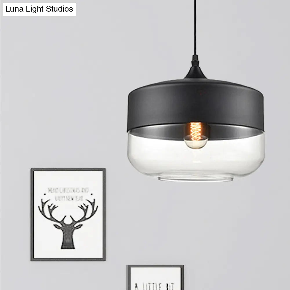 Modern 1-Light Glass Suspension Pendant In White/Black - 5/7/8 Wide Drum/Cylinder/Jar Clear/Yellow