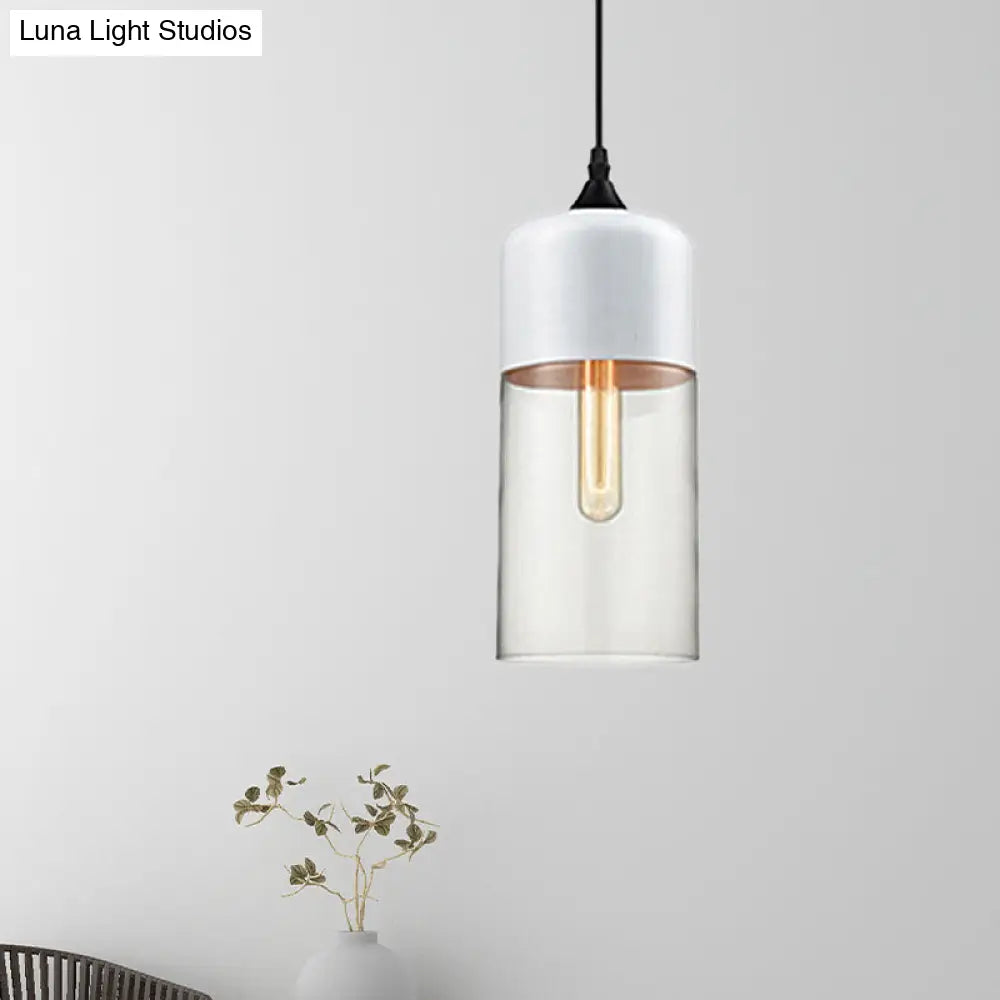 Modern 1-Light Glass Suspension Pendant In White/Black - 5/7/8 Wide Drum/Cylinder/Jar Clear/Yellow