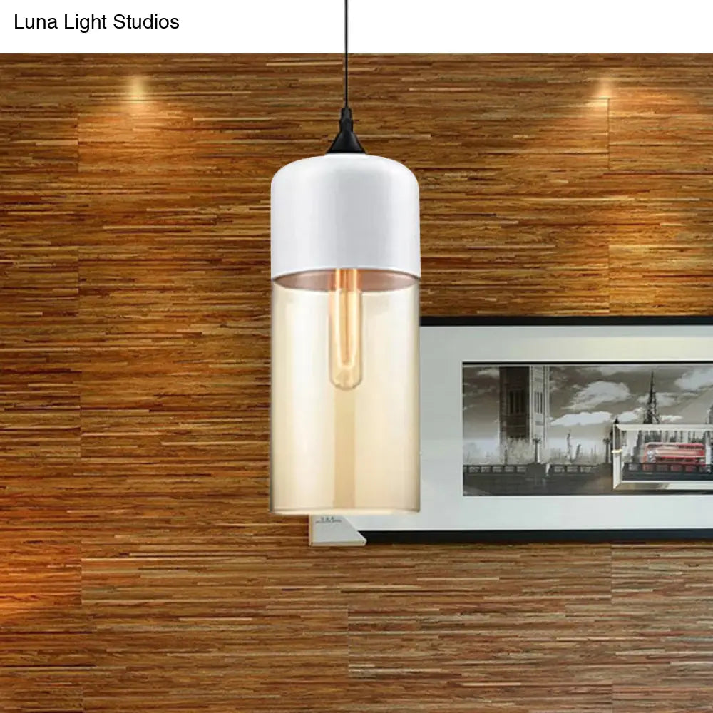 Modern 1-Light Drum/Cylinder/Jar Suspension Pendant – Clear/Yellow Glass White/Black Fixture