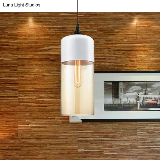 Modern 1-Light Drum/Cylinder/Jar Suspension Pendant – Clear/Yellow Glass White/Black Fixture