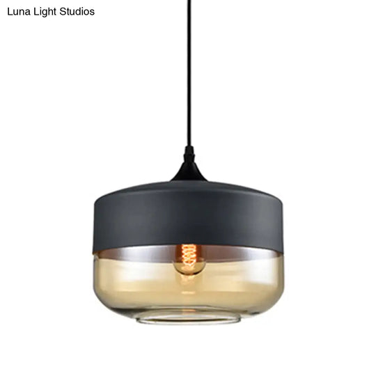 Modern 1-Light Glass Suspension Pendant In White/Black - 5/7/8 Wide Drum/Cylinder/Jar Clear/Yellow