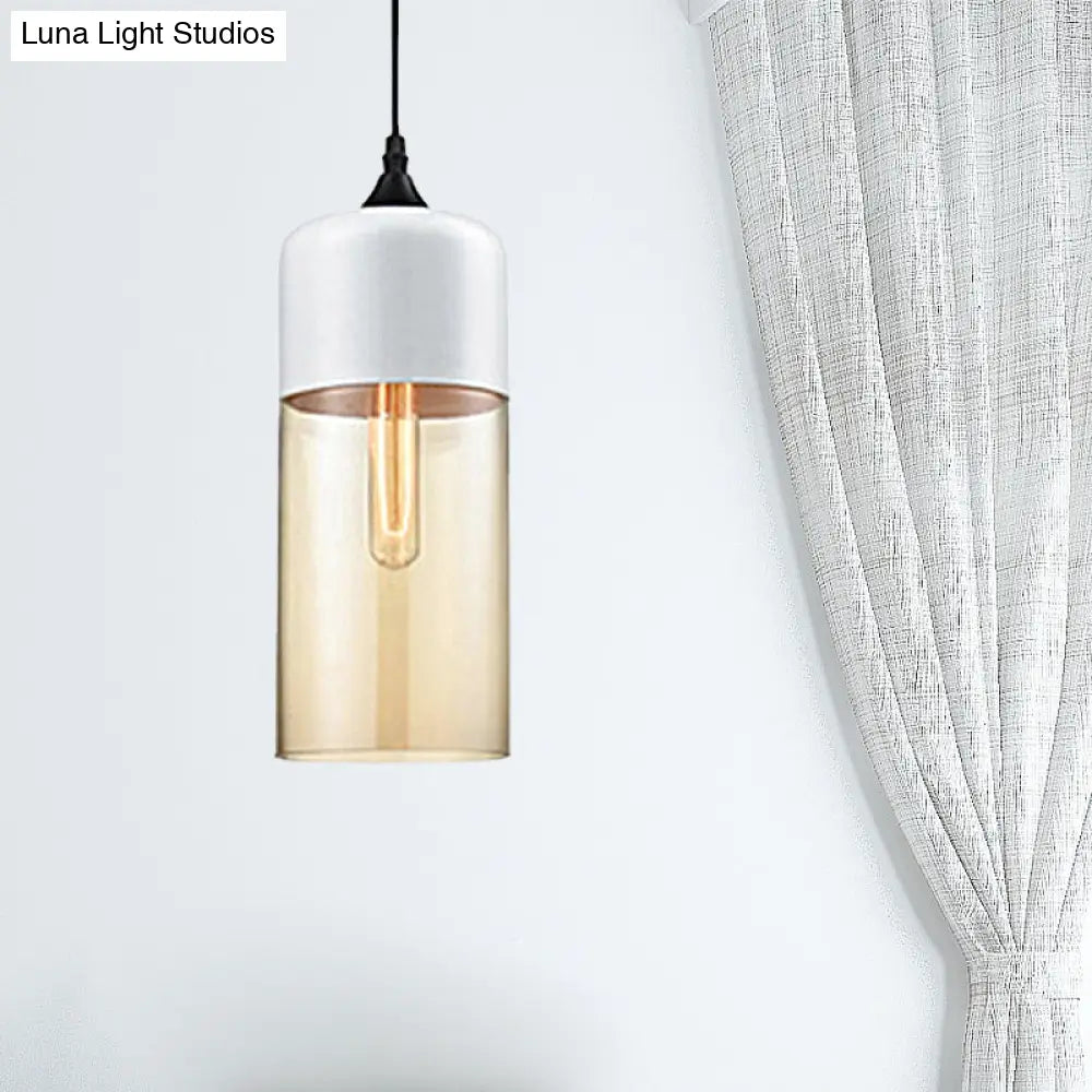 Modern 1-Light Drum/Cylinder/Jar Suspension Pendant – Clear/Yellow Glass White/Black Fixture