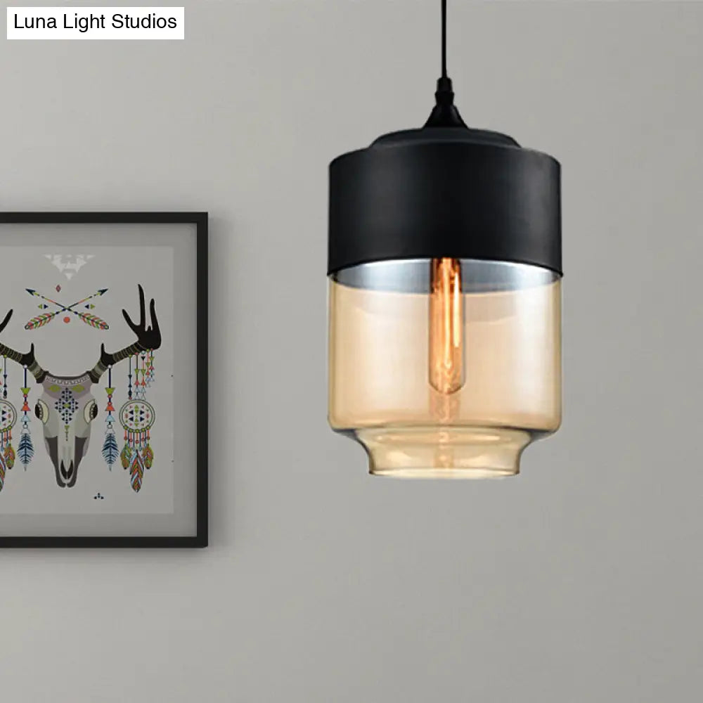 Modern 1-Light Glass Suspension Pendant In White/Black - 5/7/8 Wide Drum/Cylinder/Jar Clear/Yellow