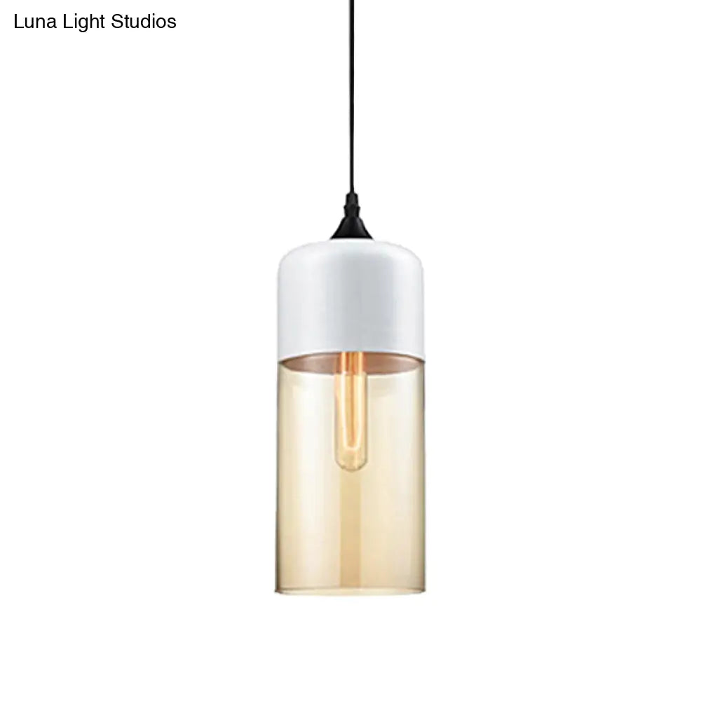 Modern 1-Light Drum/Cylinder/Jar Suspension Pendant – Clear/Yellow Glass White/Black Fixture