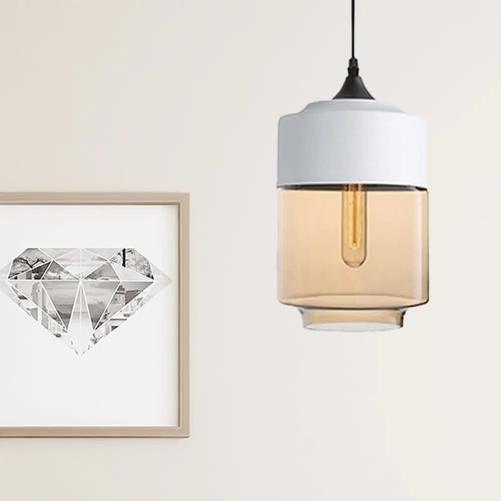 Modern 1-Light Drum/Cylinder/Jar Suspension Pendant – Clear/Yellow Glass White/Black Fixture