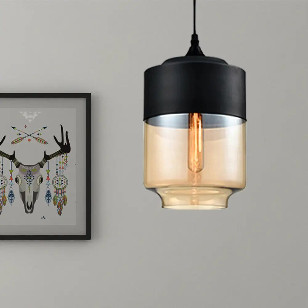 Modern 1-Light Drum/Cylinder/Jar Suspension Pendant – Clear/Yellow Glass White/Black Fixture