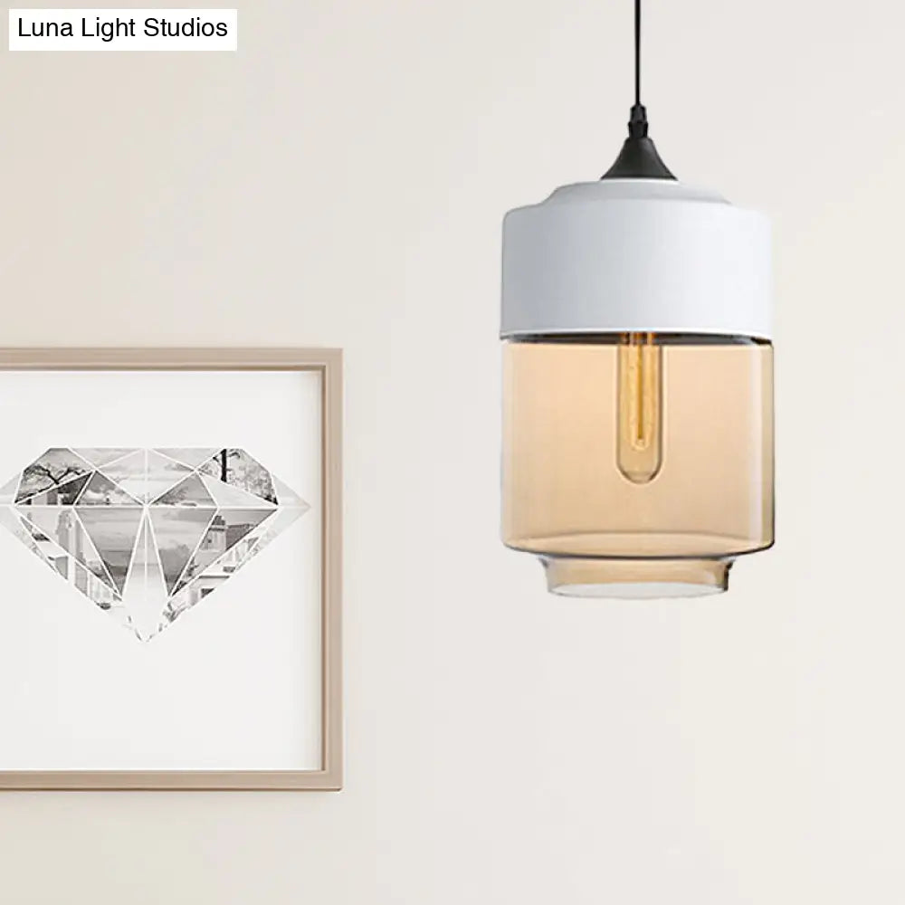 Modern 1-Light Glass Suspension Pendant In White/Black - 5/7/8 Wide Drum/Cylinder/Jar Clear/Yellow