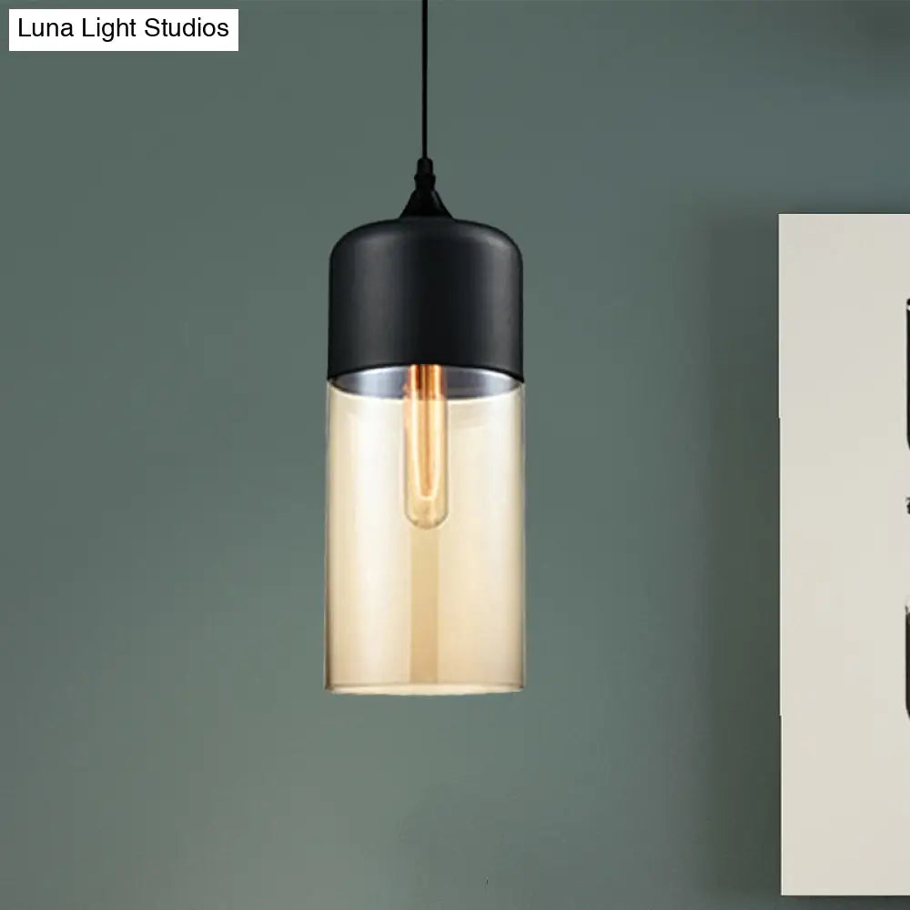 Modern 1-Light Glass Suspension Pendant In White/Black - 5/7/8 Wide Drum/Cylinder/Jar Clear/Yellow