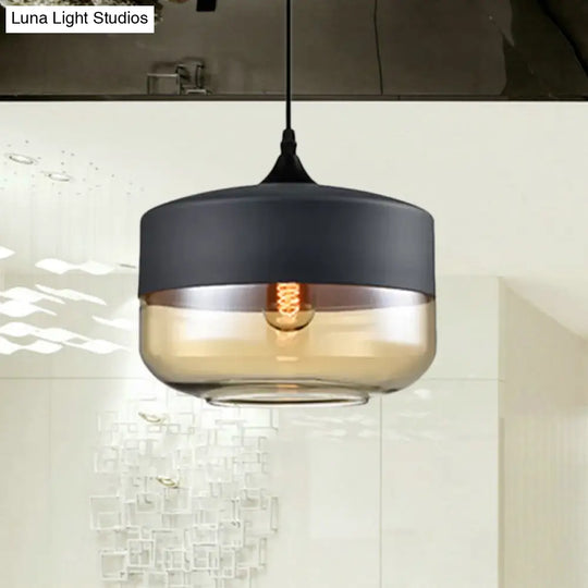 Modern 1-Light Glass Suspension Pendant In White/Black - 5/7/8 Wide Drum/Cylinder/Jar Clear/Yellow