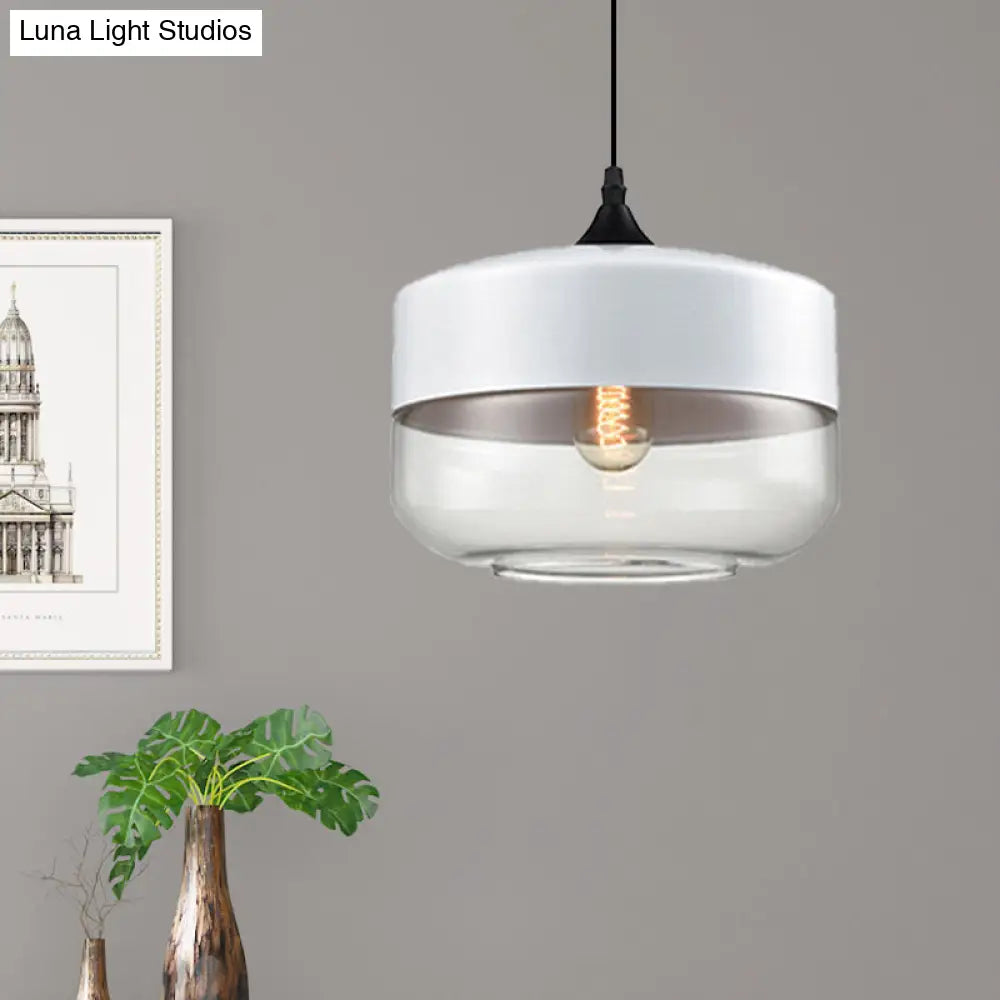 Modern 1-Light Glass Suspension Pendant In White/Black - 5/7/8 Wide Drum/Cylinder/Jar Clear/Yellow