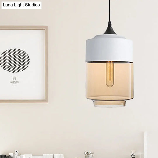 Modern 1-Light Drum/Cylinder/Jar Suspension Pendant – Clear/Yellow Glass White/Black Fixture